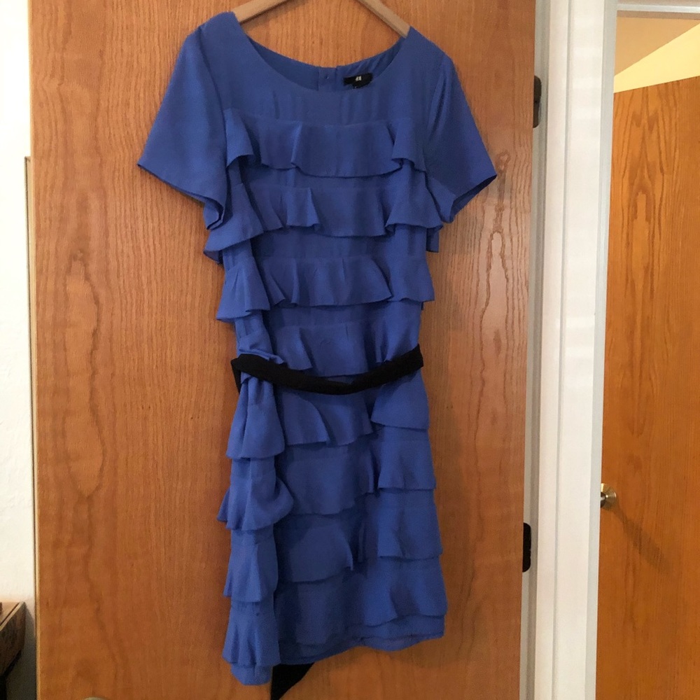H&M Cobalt Blue Ruffle Dress with Black Tie Waist